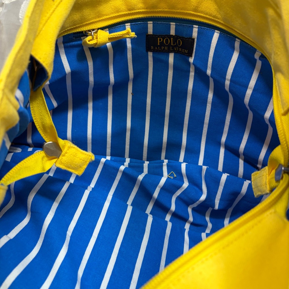 Polo Ralph Lauren Yellow Canvas Big Pony Tote Bag Blue Striped Lining Large - Picture 3 of 5